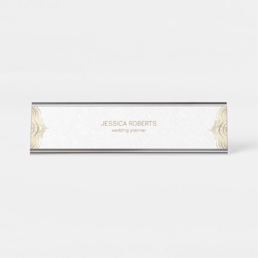 Goldene Mandalarahmen mit weißem Hintergrund Schreibtischnamensplakette (Vorderseite )