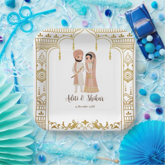 Goldene Mandap Indische Grenzgestaltung Platz Pappteller (Party)