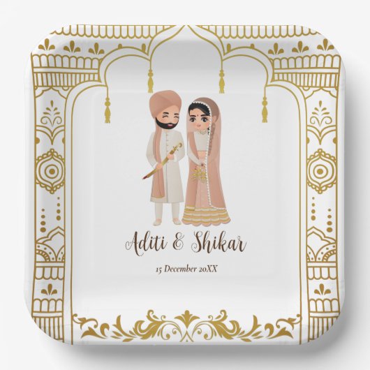 Goldene Mandap Indische Grenzgestaltung Platz Pappteller (Vorderseite)