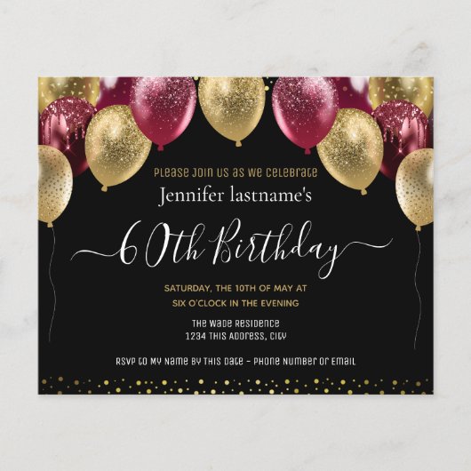 Goldene Maroon Glitzer Balloons 60. Geburtstag (Vorderseite)