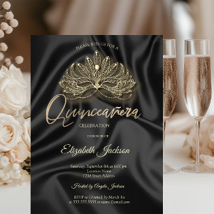 Goldene Maske Schwarze Satin Quinceanera  Einladung