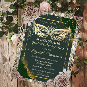 Goldene Maskenball-Rosen Glitter Grün Quinceañera Einladung