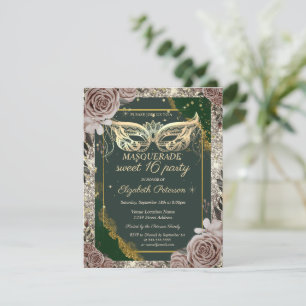 Goldene Maskenball-Rosen Glitter Grün Sweet 16 Einladung