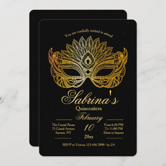 Goldene Maskerade 16 . Geburtstag Einladung (Vorne/Hinten)