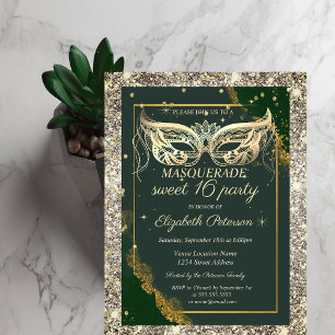 Goldene Maskerade Glitter Grün Sweet 16 Einladung