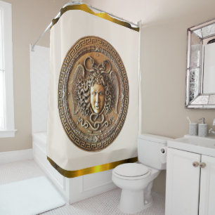Goldene Medusa / Griechischer Schlüssel Beige und  Duschvorhang