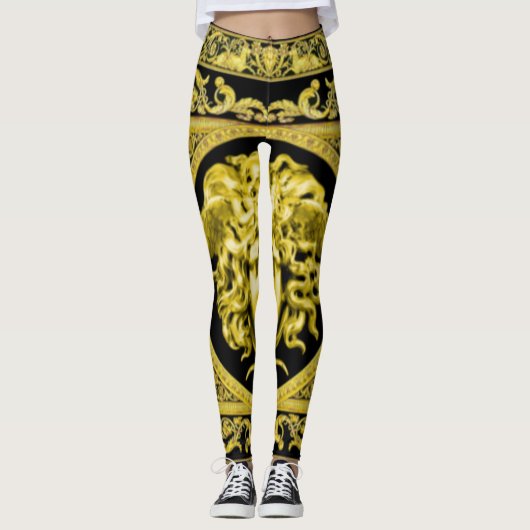 Goldene Medusa mit Arabesques über schwarze Leggin Leggings (Vorderseite)