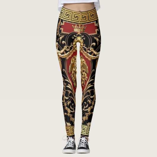 Goldene Medusa und Seraphen Schwarz, Gold und Rot Leggings (Vorderseite)