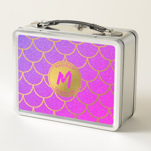 Goldene Meerjungenskala Rosa Glitzer Muster Monogr Metall Brotdose (Rückseite)