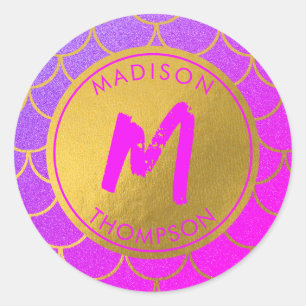 Goldene Meerjungenskala Rosa Glitzer Muster Monogr Runder Aufkleber