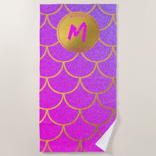 Goldene Meerjungenskala Rosa Glitzer Muster Monogr Strandtuch (Vorderseite)