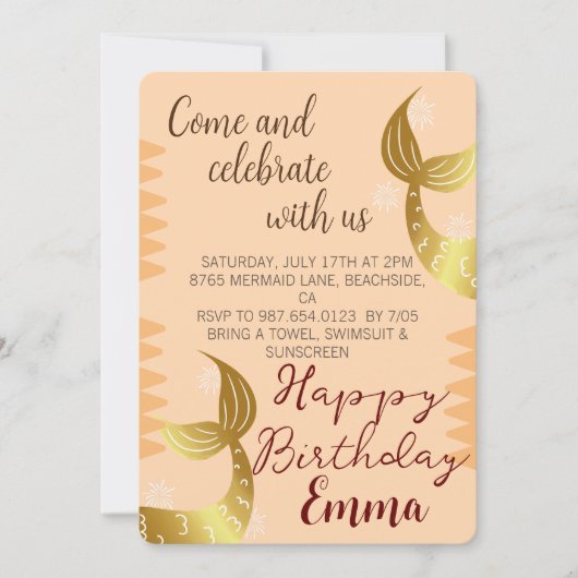 Goldene Meerjungfrau feiert mit uns, unter dem Mee Einladung (Vorderseite)