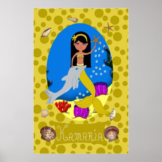 Goldene Meerjungfrau und Dolphin Print Poster (Vorne)