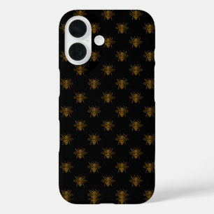 Goldene Metallfolie-Bienen auf Schwarz iPhone 16 Hülle