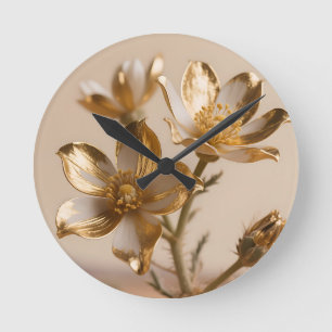 Goldene Metallische Blumen Luxuriöse Botanische El Runde Wanduhr