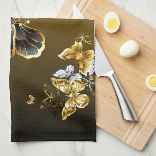 Goldene Metamorphose – Botanisches Schmetterlingsd Geschirrtuch (Viertel Falte)