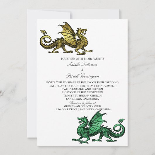 Goldene mittelalterliche Drache Hochzeitsreise Einladung (Vorderseite)