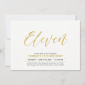 Goldene, moderne Briefe 11. Geburtstagsparty Einladung (Vorderseite)