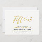 Goldene, moderne Briefe 15. Geburtstagsparty Einladung (Vorderseite)