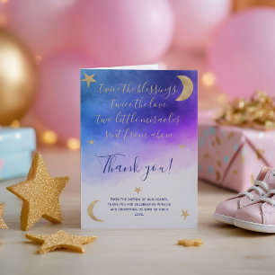 Goldene Mondsterne rosa Wasserfarbe Zwillings-Baby Dankeskarte