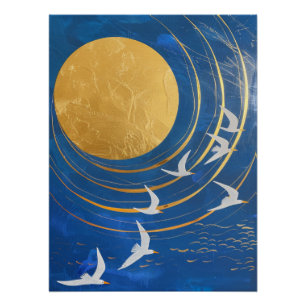 Goldene Mondvögel Himmelsmalerei Poster