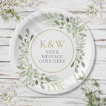 Goldene Mongram Greenery Party Celebration Pappteller<br><div class="desc">Diese schicke botanische Papiertafel mit feinen Aquarellfarben-Blätter kann mit Ihrem Monogramm und Ihrer speziellen Nachricht personalisiert werden. Ideal für Hochzeiten,  Brautpartys,  Babyduschen,  Taufe,  Verlobungsfeiern,  Jubiläumsfeiern und Geburtstagsfeiern. Entwickelt von Thisisnotme©</div>