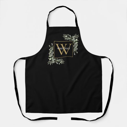 Goldene Mongram Grüne Blumengestalt Schwarz  Schürze (Vorderseite)