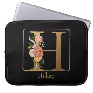 Goldene Monogramm-Blumen auf Schwarz mit Namen Laptopschutzhülle