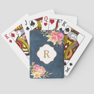 Goldene Monogramm-Blumen in altblauem Design Spielkarten