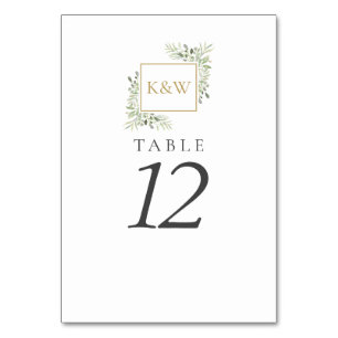 Goldene Monogramm-Grün-Hochzeitstischnummern Tischnummer