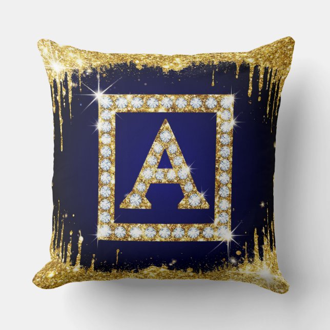 Goldene Monogramm-Initiale A mit blauem Glitter Kissen (Vorderseite)