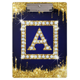 Goldene Monogramm-Initiale A mit blauem Glitter Klemmbrett