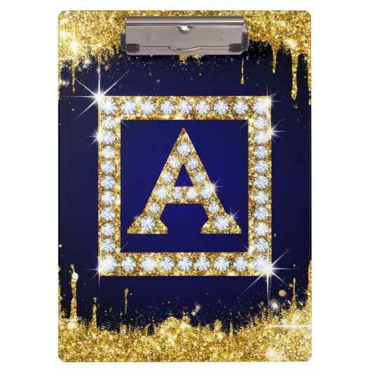 Goldene Monogramm-Initiale A mit blauem Glitter Klemmbrett (Vorderseite)