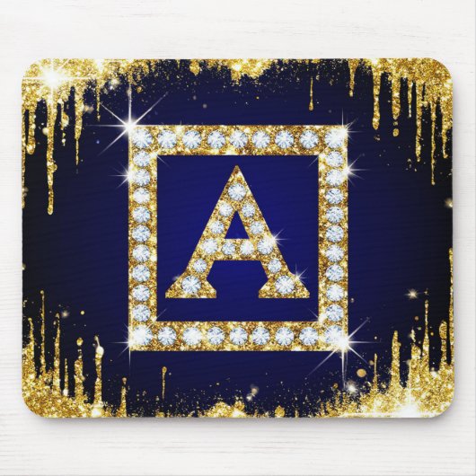 Goldene Monogramm-Initiale A mit blauem Glitter Mousepad (Vorne)