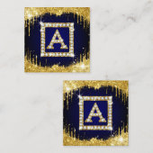Goldene Monogramm-Initiale A mit blauem Glitter Quadratische Visitenkarte (Vorne/Hinten)