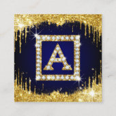 Goldene Monogramm-Initiale A mit blauem Glitter Quadratische Visitenkarte (Rückseite)