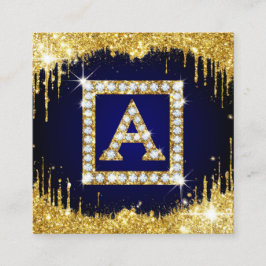 Goldene Monogramm-Initiale A mit blauem Glitter Quadratische Visitenkarte