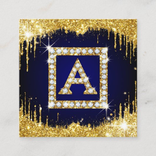 Goldene Monogramm-Initiale A mit blauem Glitter Quadratische Visitenkarte (Vorderseite)