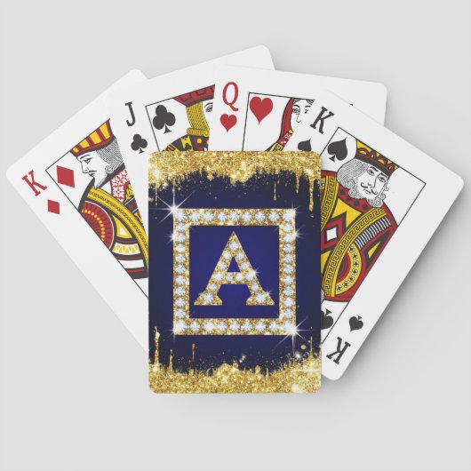 Goldene Monogramm-Initiale A mit blauem Glitter Spielkarten (Rückseite)