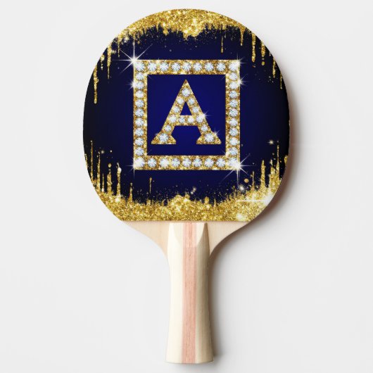 Goldene Monogramm-Initiale A mit blauem Glitter Tischtennis Schläger (Vorderseite)
