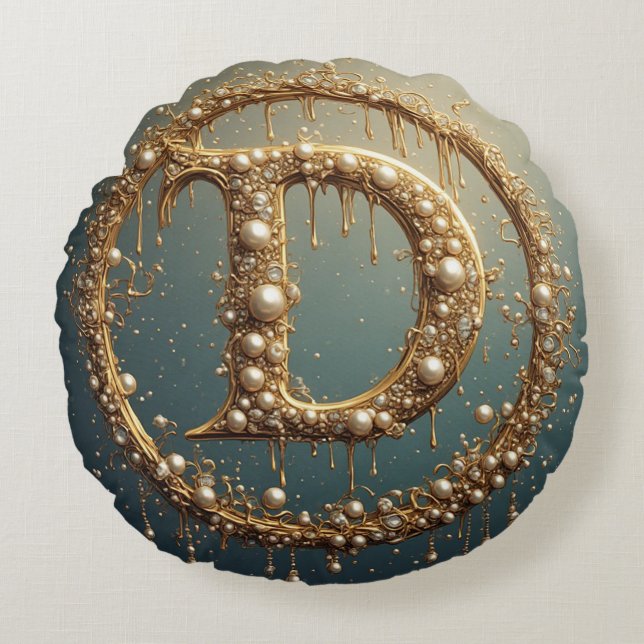 Goldene Monogramm-Initiale Buchstabe D Rundes Kissen (Vorderseite)