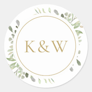 Goldene Monogramm-Wasserfarben-Grün-Hochzeit Runder Aufkleber