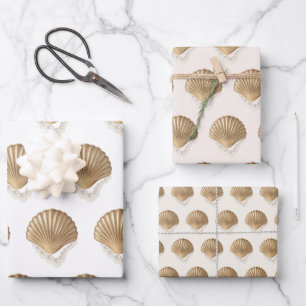 Goldene Muscheln Perlen Geburtstags- Hochzeitsdusc Geschenkpapier Set