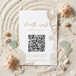 Goldene Muscheln & Weiße Küsten-QR-Code-Hochzeit RSVP Karte