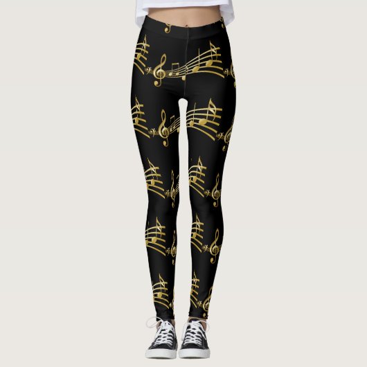 Goldene Musiknoten auf schwarzen Leggings (Vorderseite)