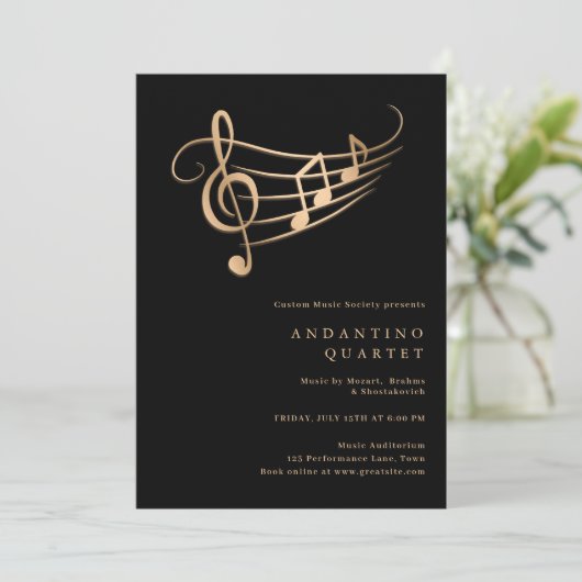 Goldene Musiknoten Klassisches Minimales Konzert E Einladung (Stehend Vorderseite)