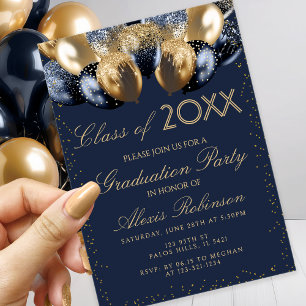 Goldene Navy Blau Glitzer Ballons Abschlussfeier Einladung