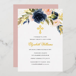 Goldene Navy-Blush-Blumen-Mädchen-Taufe Folieneinladung