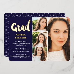 Goldene Navy einfache Grad-Schrift 4 Fotos Abschlu Folieneinladung