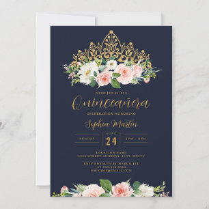 Goldene Navy-Rosa Blumen-Tiara Quinceanera Einladung